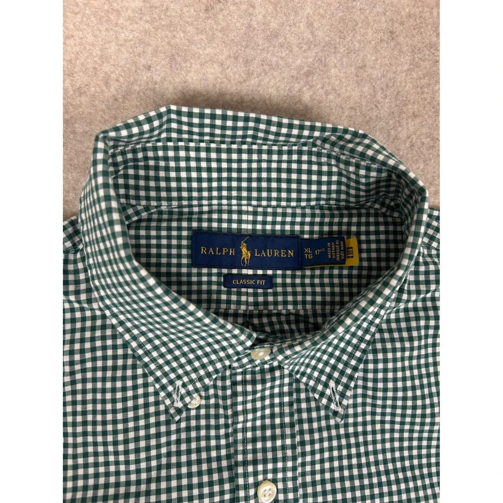 Ralph Lauren Button Down Shirt Mens XL Green Gingham Classic Fit Long‎ Sleeve